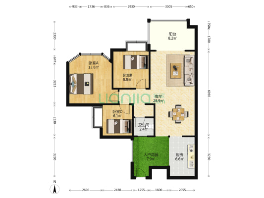 华芝御景城五期（御苑） 3室1厅1卫 92平方