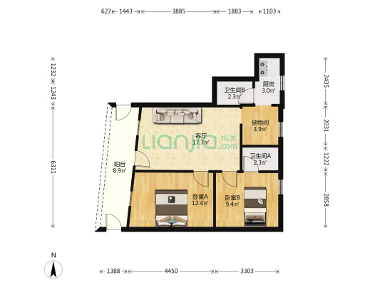 中正横街 2室1厅2卫 59平方