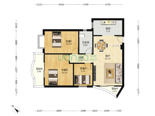 汇景阁 3室1厅1卫 93平方