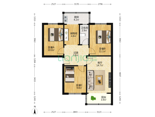 前进路54号小区 3室1厅1卫 75平方
