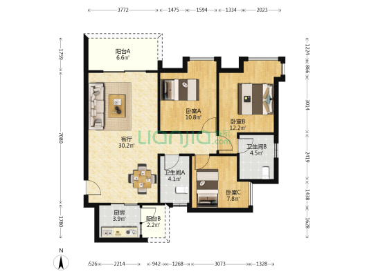万豪博阅花园 3室1厅2卫 96平方