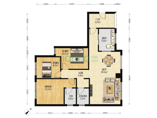 唐安银座 2室1厅2卫 106平方