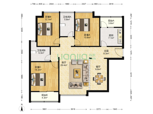 丰源官邸 3室2厅2卫 140平方