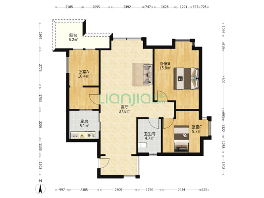 青房云上二期 3室1厅1卫 87平方