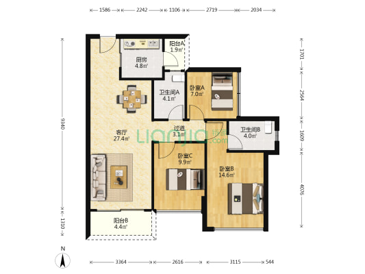 龙光珑滨嘉园 3室1厅2卫 97平方