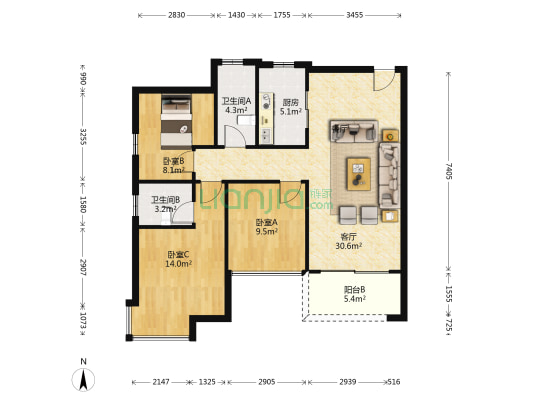 永泰世纪时尚豪园 3室1厅2卫 96平方