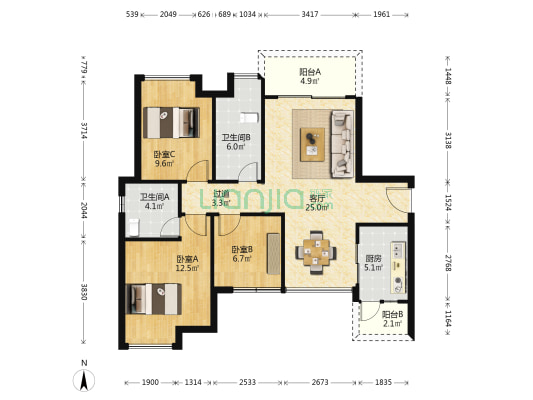 保利西雅图一期 3室1厅2卫 95平方