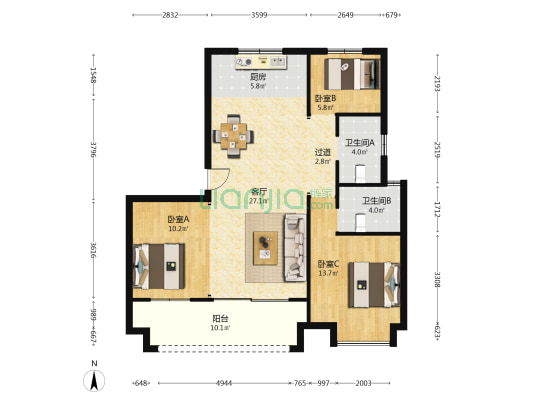 天泽湾花苑 3室1厅2卫 108平方