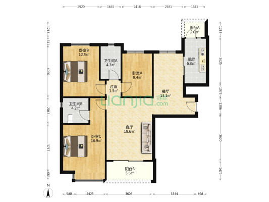 恒大中央广场E区 3室2厅2卫 124平方