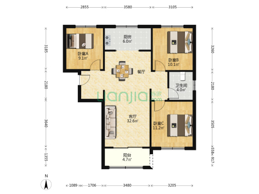 鹤翔园绣庭 3室1厅1卫 114平方