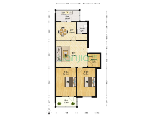 建华北大街劳动就业局宿舍 2室2厅1卫 93平方
