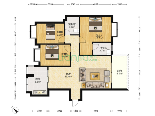 滨海丽景一期 3室1厅2卫 125平方