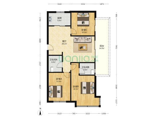 荣盛锦绣外滩一期 3室1厅2卫 122平方