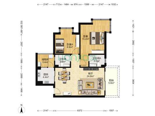 凤凰山居 2室1厅2卫 82平方