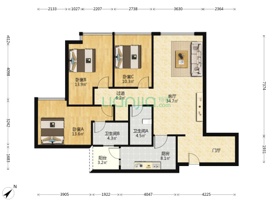 华府金沙名城 3室1厅2卫 121平方