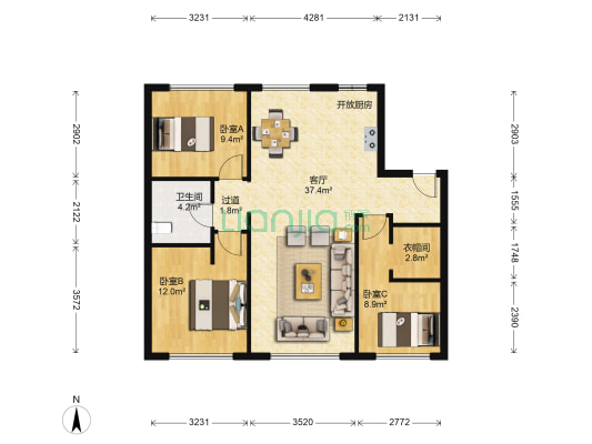 保利城三期 3室1厅1卫 108平方