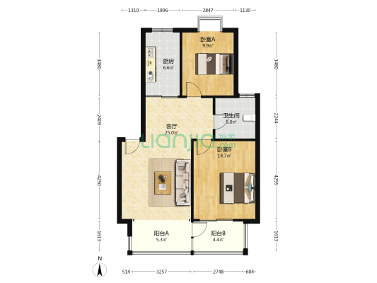 银辰新苑 2室1厅1卫 86平方
