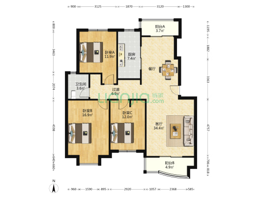 南国沐风居 3室1厅1卫 121平方