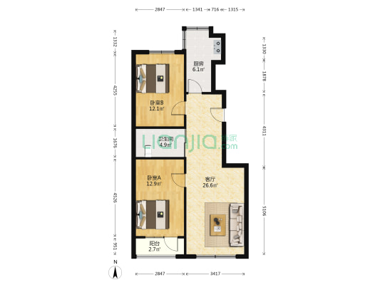 铂朗明珠 2室1厅1卫 92平方