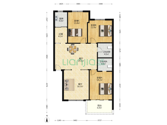 民安新村 3室2厅2卫 120平方