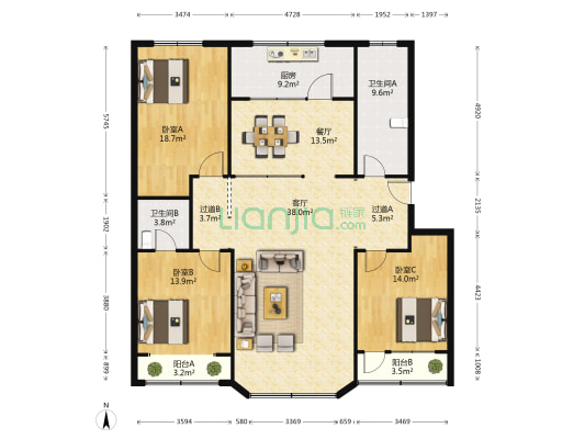 福安家园西区 3室2厅2卫 162平方
