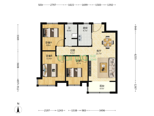 万科翡翠书院G区 3室1厅1卫 104平方