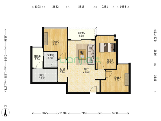 凯德双桥8号 3室1厅1卫 93平方