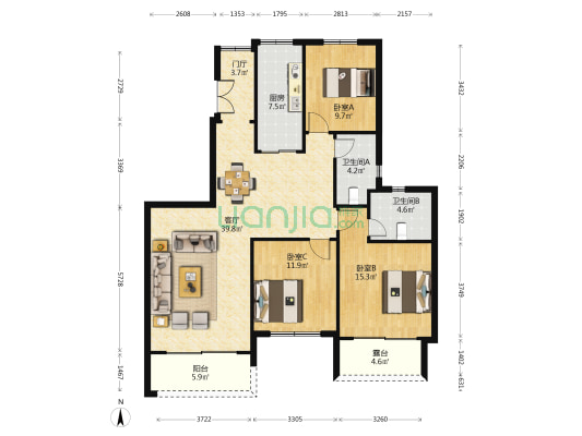 恒大誉璟台 3室1厅2卫 132平方