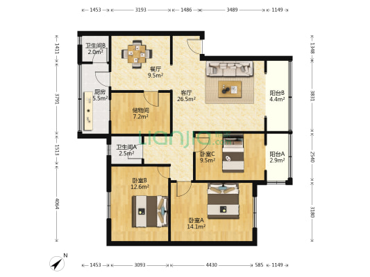 人民街154号 3室2厅2卫 117平方