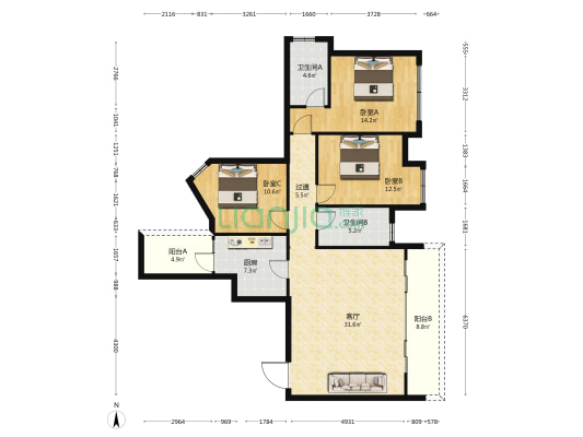 鑫云阁 3室1厅2卫 136平方