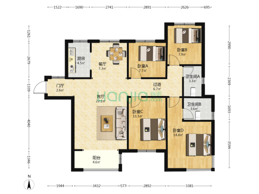 富丽华庭 4室2厅2卫 144平方