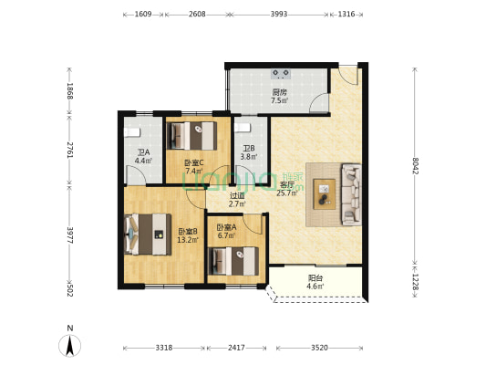 康富花园五期 3室1厅2卫 90平方