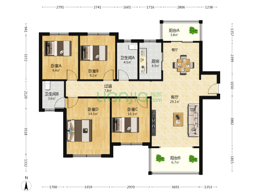 新力时代广场 4室1厅2卫 135平方