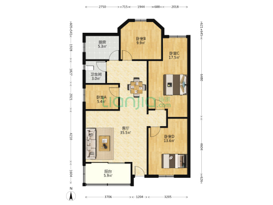 广州开发区宿舍 4室1厅1卫 110平方