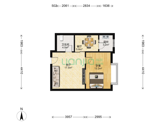 紫昕花庭 1室2厅1卫 64平方