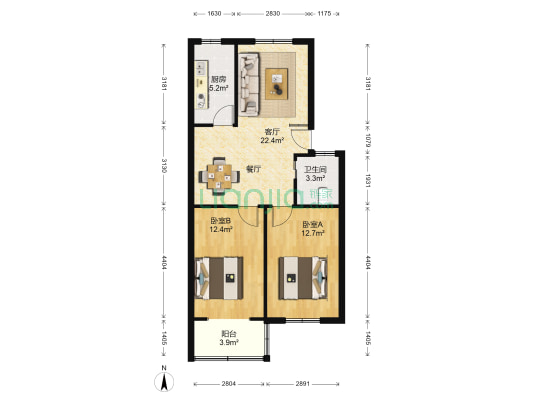 中周家园 2室1厅1卫 73平方