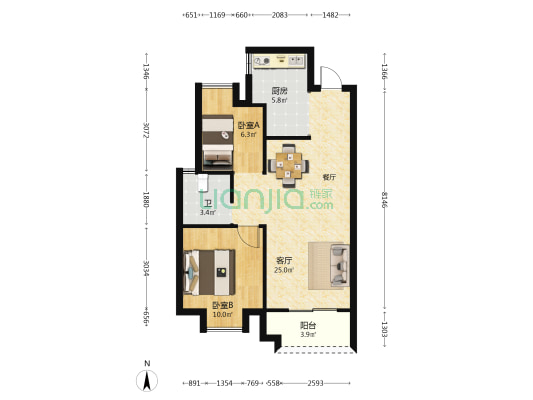 龙湖昱光之城 2室1厅1卫 75平方