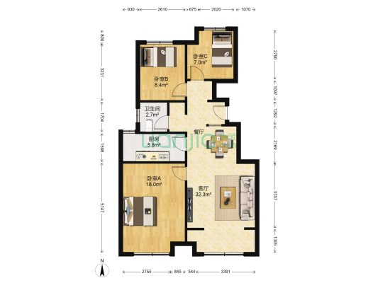 恒生伴山 3室1厅1卫 100平方