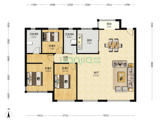 汇置尚都一期 3室1厅2卫 136平方