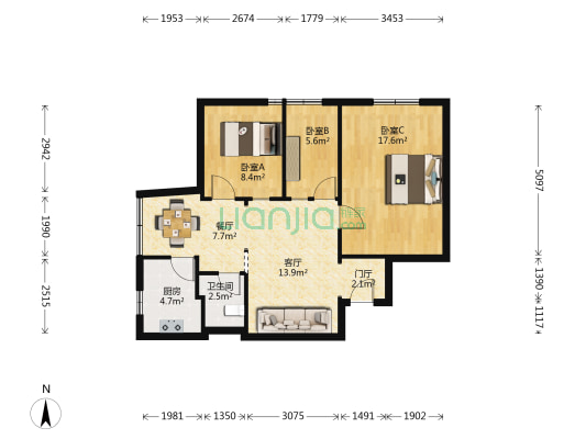同心苑 3室2厅1卫 83平方