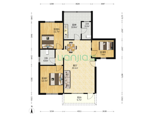 旺角楼 3室1厅2卫 108平方