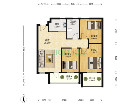 中兴九洲芳园 3室1厅1卫 89平方