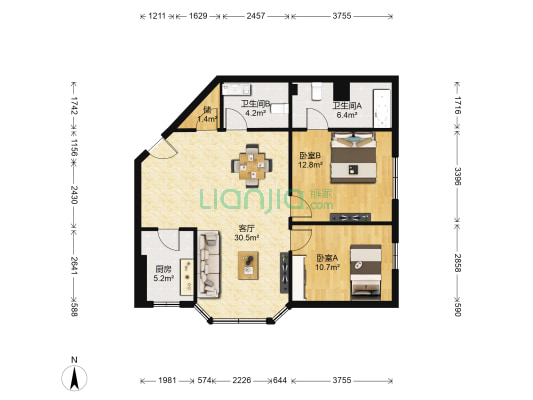 皇城花苑 2室1厅2卫 97平方