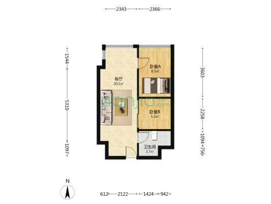 万科城际之光 2室1厅 北-户型图
