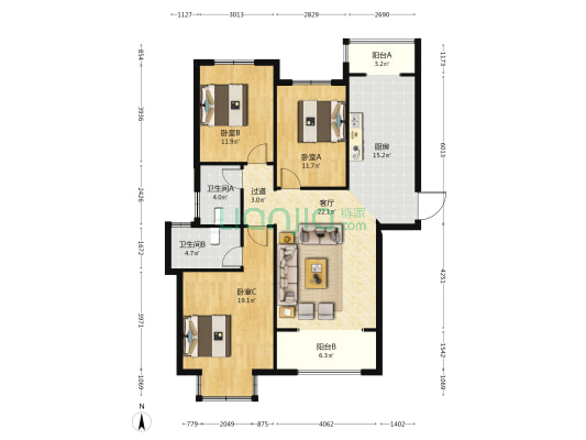 润实月亮湾 3室1厅2卫 142平方