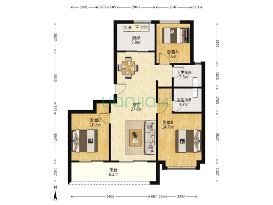 葛洲坝招商紫郡兰园北区 3室1厅2卫 107平方