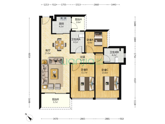 华邦星光里 3室1厅2卫 97平方