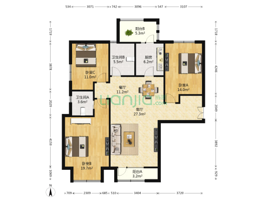 香溢花城一期 3室2厅2卫 144平方