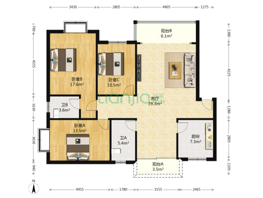 雅馨苑 3室1厅2卫 128平方