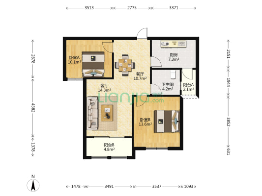 孟诚尚美苑 2室2厅1卫 88平方